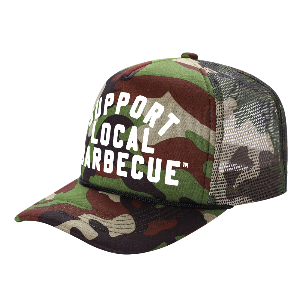 PAKO DESIGNS - SUPPORT LOCAL BARBECUE™ - CAMO TRUCKER HAT WITH WHITE
