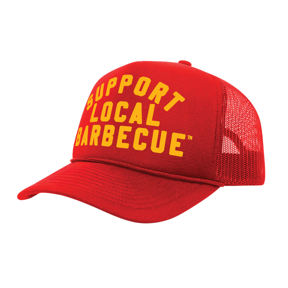 PAKO DESIGNS - SUPPORT LOCAL BARBECUE™ - TRUCKER HAT IN FOOTBALL RED AND GOLD