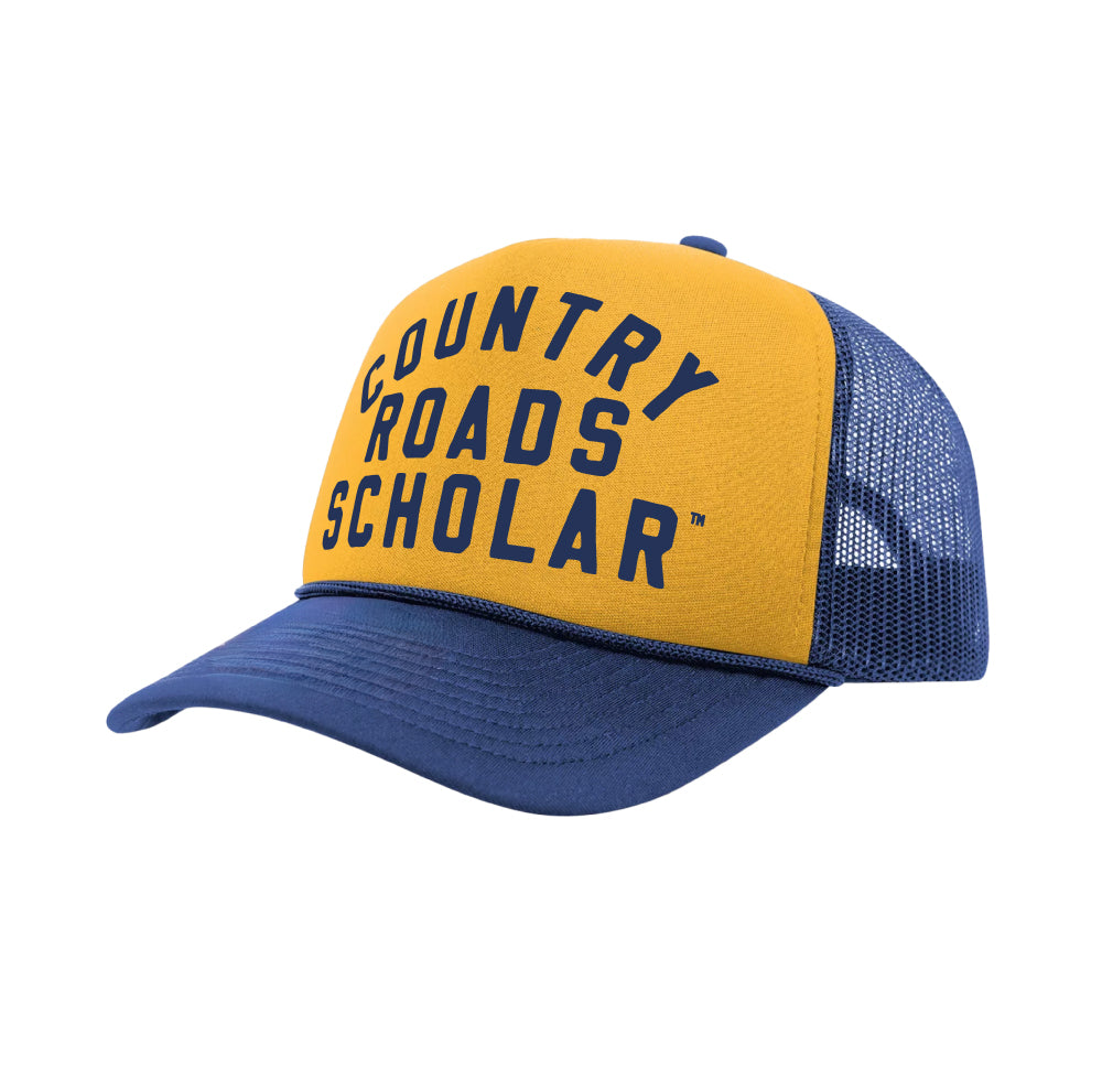 PAKO DESIGNS - COUNTRY ROADS SCHOLAR™ - FOAM TRUCKER HAT - NAVY & GOLD TRICOLOR SCRIPT