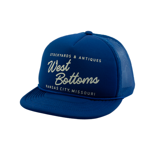 PAKO DESIGNS - STREETS & NEIGHBORHOODS 5 PANEL WEST BOTTOMS FLAT BILL FOAM TRUCKER HAT - ROYAL/SUSHI RICE