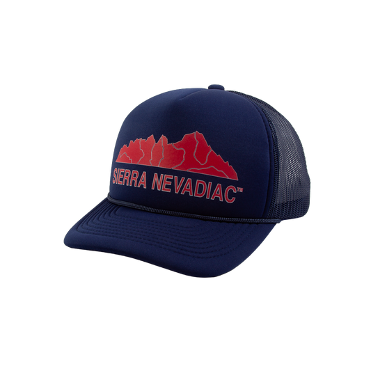 PAKO DESIGNS - SIERRA NEVADIAC™ 5 PANEL CURVED BILL FOAM TRUCKER HAT - NAVY/WEST COAST RED