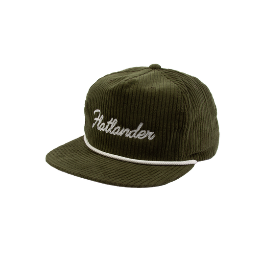 PAKO DESIGNS - FLATLANDER 5 PANEL FLAT BILL CORDUROY HAT - OLIVE/WHITE