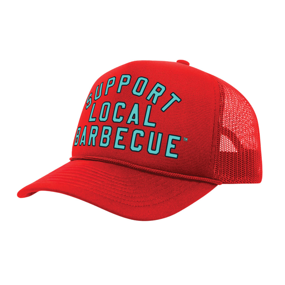 PAKO DESIGNS - SUPPORT LOCAL BARBECUE™ - TRUCKER HAT IN SOCCER RED & TEAL