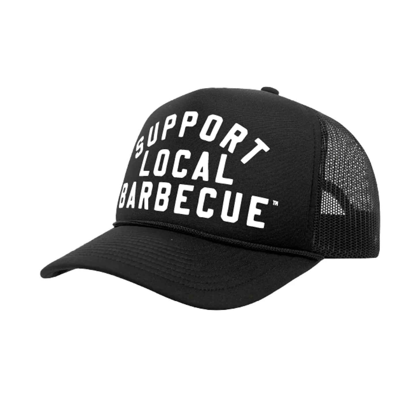 PAKO DESIGNS - SUPPORT LOCAL BARBECUE™ - BLACK TRUCKER HAT WITH WHITE