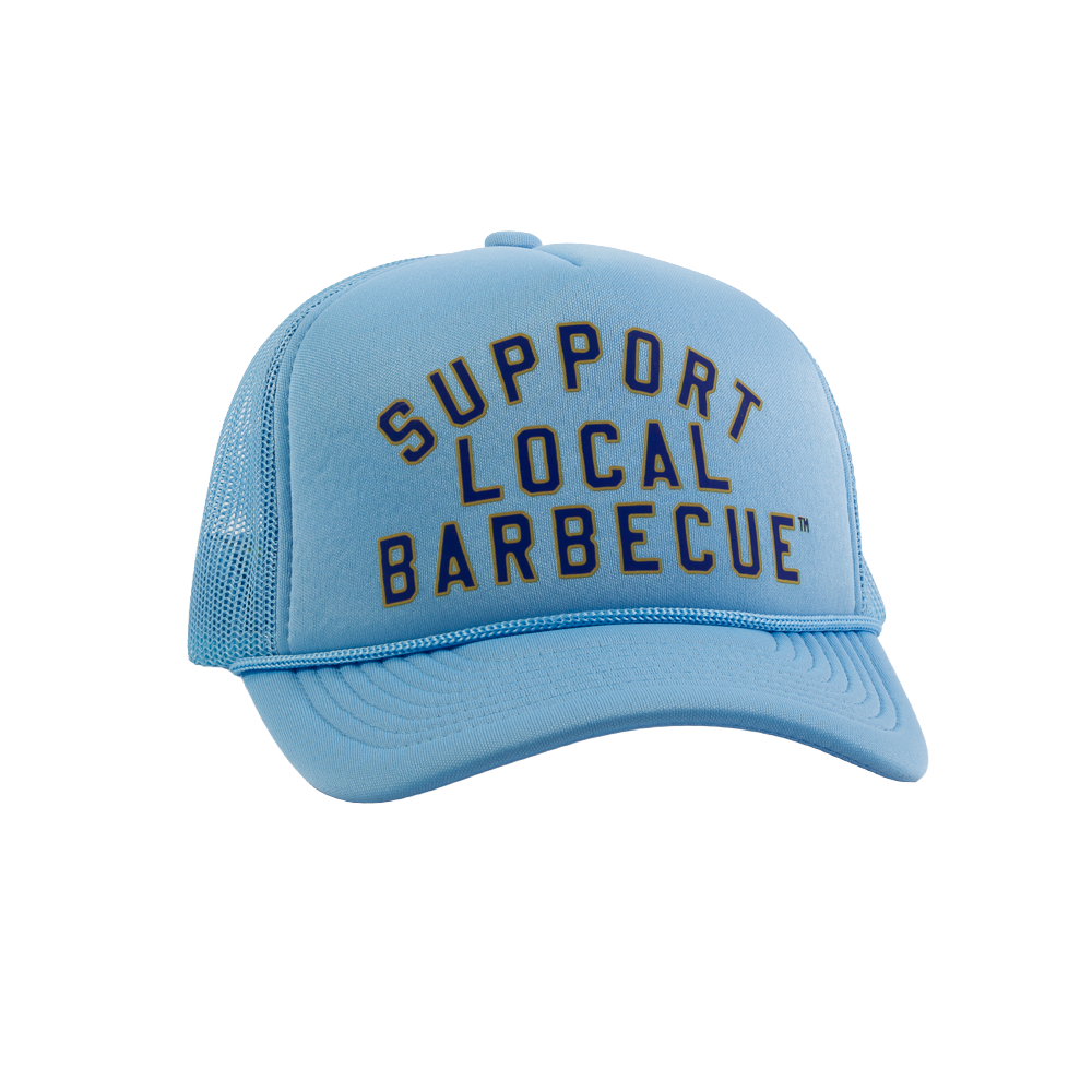 Support Local Barbecue™ Trucker Hat – Baseball Blue & Gold