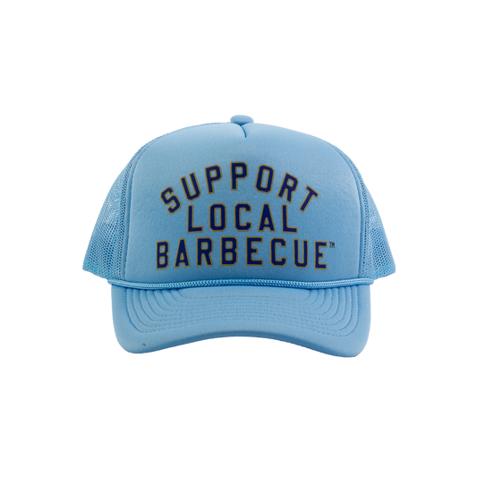 PAKO DESIGNS - SUPPORT LOCAL BARBECUE™ - TRUCKER HAT IN LIGHT BASEBALL BLUE, BASEBALL BLUE & GOLD