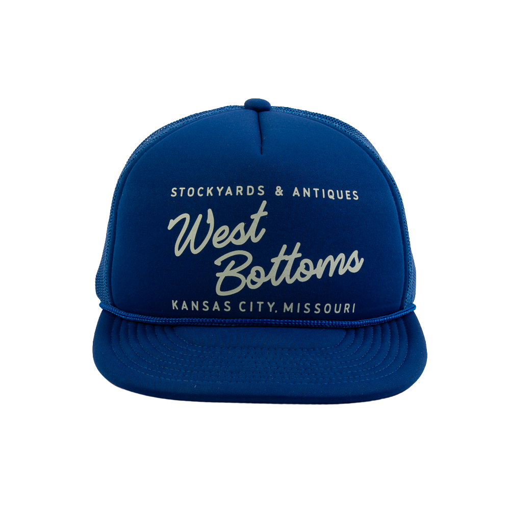 PAKO DESIGNS - STREETS & NEIGHBORHOODS 5 PANEL WEST BOTTOMS FLAT BILL FOAM TRUCKER HAT - ROYAL/SUSHI RICE