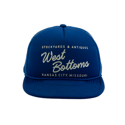 PAKO DESIGNS - STREETS & NEIGHBORHOODS 5 PANEL WEST BOTTOMS FLAT BILL FOAM TRUCKER HAT - ROYAL/SUSHI RICE