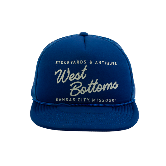 PAKO DESIGNS - STREETS & NEIGHBORHOODS 5 PANEL WEST BOTTOMS FLAT BILL FOAM TRUCKER HAT - ROYAL/SUSHI RICE