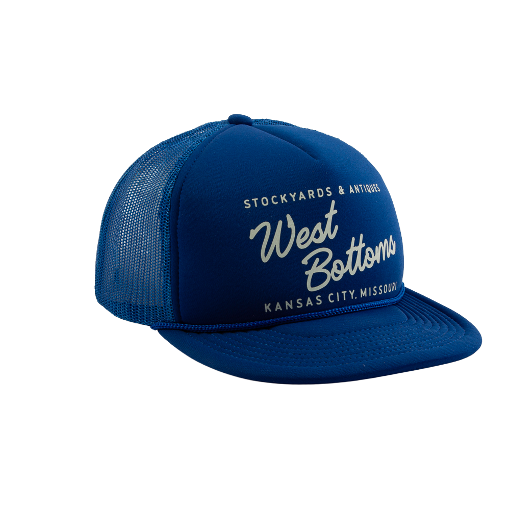 PAKO DESIGNS - STREETS & NEIGHBORHOODS 5 PANEL WEST BOTTOMS FLAT BILL FOAM TRUCKER HAT - ROYAL/SUSHI RICE