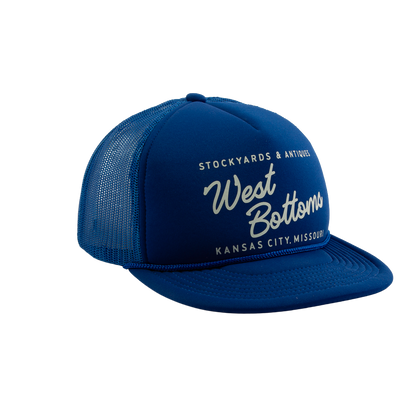 PAKO DESIGNS - STREETS & NEIGHBORHOODS 5 PANEL WEST BOTTOMS FLAT BILL FOAM TRUCKER HAT - ROYAL/SUSHI RICE