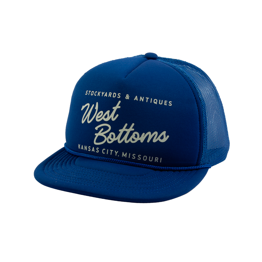 PAKO DESIGNS - STREETS & NEIGHBORHOODS 5 PANEL WEST BOTTOMS FLAT BILL FOAM TRUCKER HAT - ROYAL/SUSHI RICE
