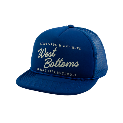 PAKO DESIGNS - STREETS & NEIGHBORHOODS 5 PANEL WEST BOTTOMS FLAT BILL FOAM TRUCKER HAT - ROYAL/SUSHI RICE