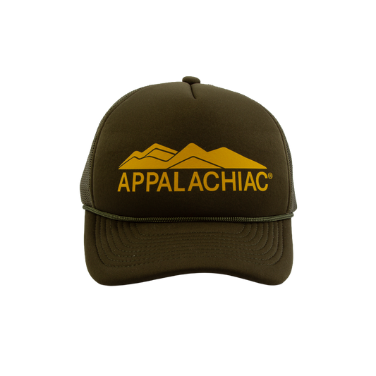 Appalachiac® 5 Panel Curved Bill Foam Trucker Hat- Olive & Yellow