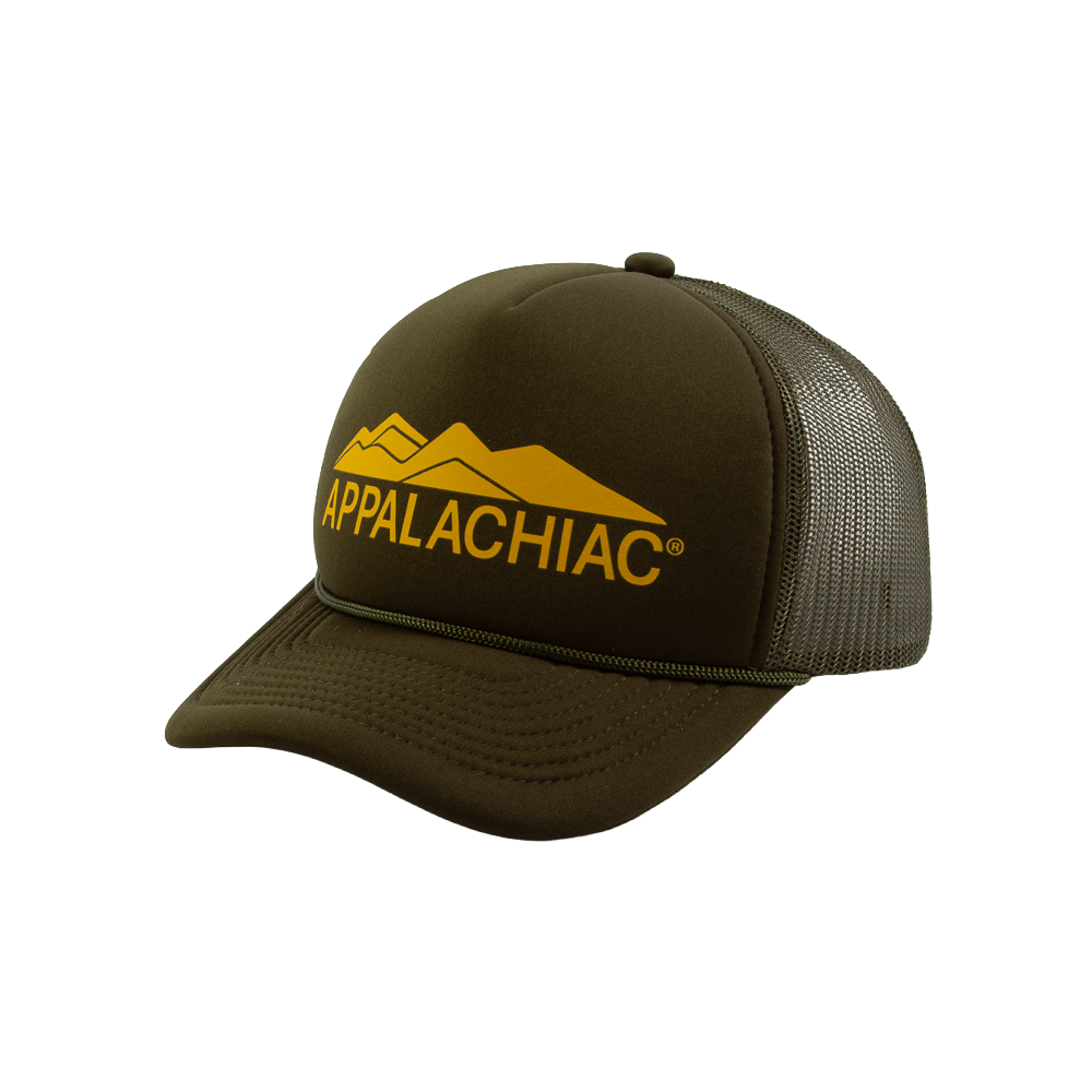 PAKO DESIGNS - APPALACHIAC® 5 PANEL CURVED BILL FOAM TRUCKER HAT - OLIVE/YELLOW