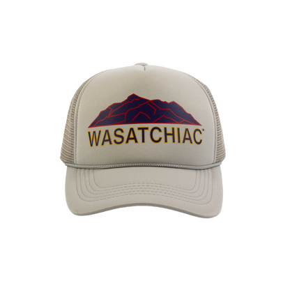 PAKO DESIGNS - WASATCHIAC™ 5 PANEL CURVED BILL FOAM TRUCKER HAT - GREY/UTAH FLAG