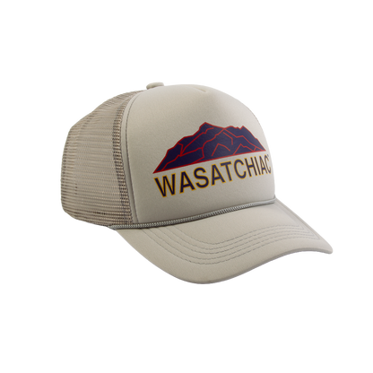 PAKO DESIGNS - WASATCHIAC™ 5 PANEL CURVED BILL FOAM TRUCKER HAT - GREY/UTAH FLAG