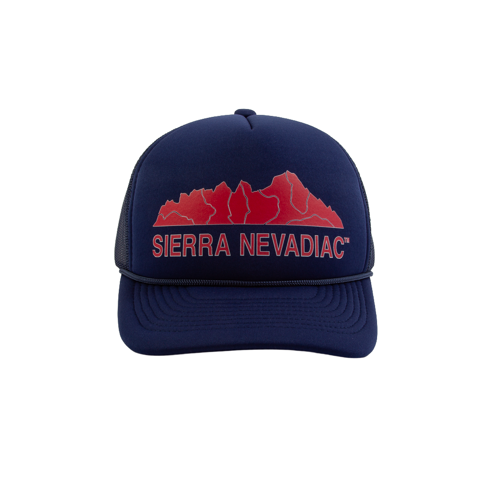 PAKO DESIGNS - SIERRA NEVADIAC™ 5 PANEL CURVED BILL FOAM TRUCKER HAT - NAVY/WEST COAST RED
