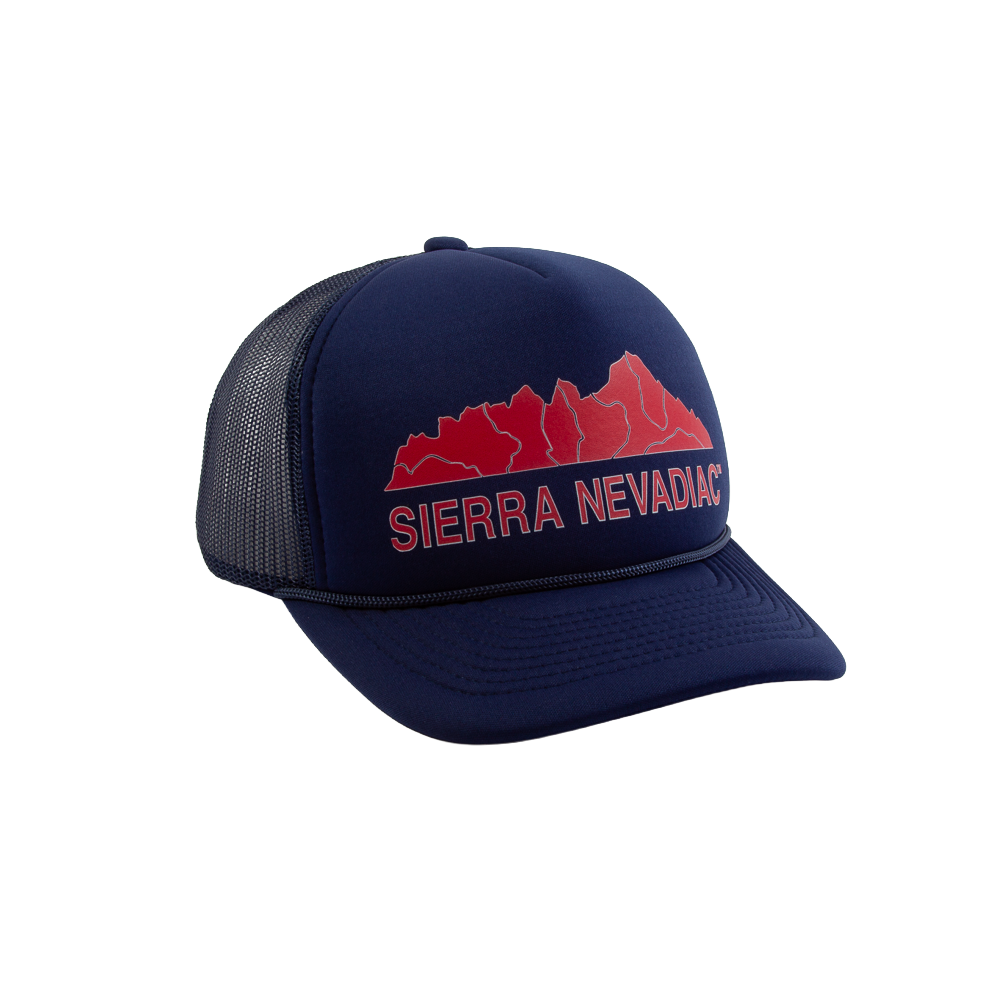 PAKO DESIGNS - SIERRA NEVADIAC™ 5 PANEL CURVED BILL FOAM TRUCKER HAT - NAVY/WEST COAST RED