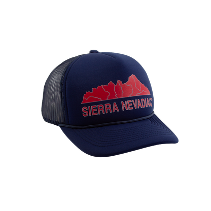PAKO DESIGNS - SIERRA NEVADIAC™ 5 PANEL CURVED BILL FOAM TRUCKER HAT - NAVY/WEST COAST RED