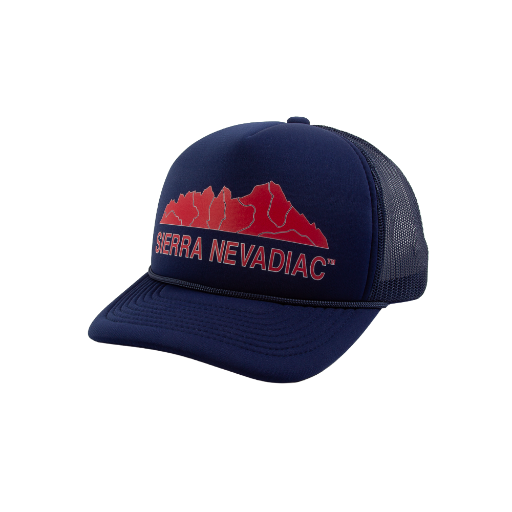 PAKO DESIGNS - SIERRA NEVADIAC™ 5 PANEL CURVED BILL FOAM TRUCKER HAT - NAVY/WEST COAST RED