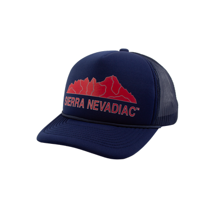 PAKO DESIGNS - SIERRA NEVADIAC™ 5 PANEL CURVED BILL FOAM TRUCKER HAT - NAVY/WEST COAST RED