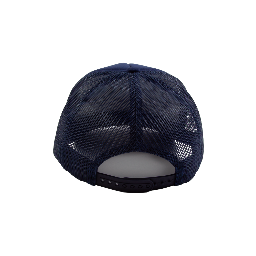 PAKO DESIGNS - SIERRA NEVADIAC™ 5 PANEL CURVED BILL FOAM TRUCKER HAT - NAVY/WEST COAST RED