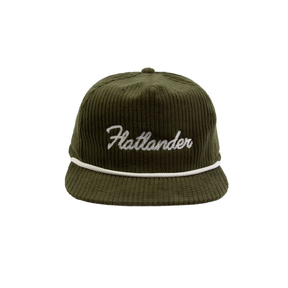 PAKO DESIGNS - FLATLANDER 5 PANEL FLAT BILL CORDUROY HAT - OLIVE/WHITE