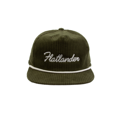 PAKO DESIGNS - FLATLANDER 5 PANEL FLAT BILL CORDUROY HAT - OLIVE/WHITE
