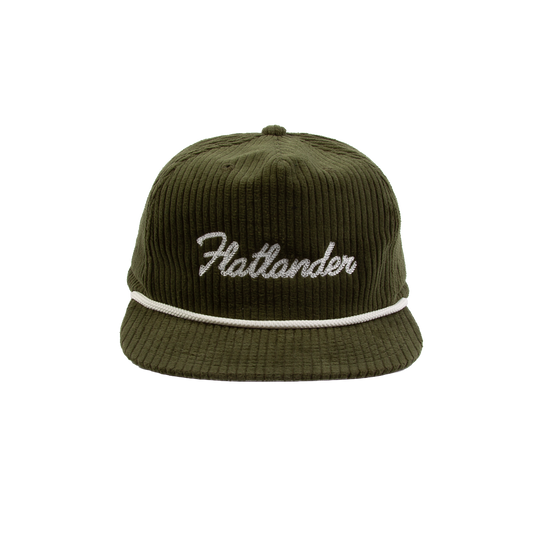 PAKO DESIGNS - FLATLANDER 5 PANEL FLAT BILL CORDUROY HAT - OLIVE/WHITE
