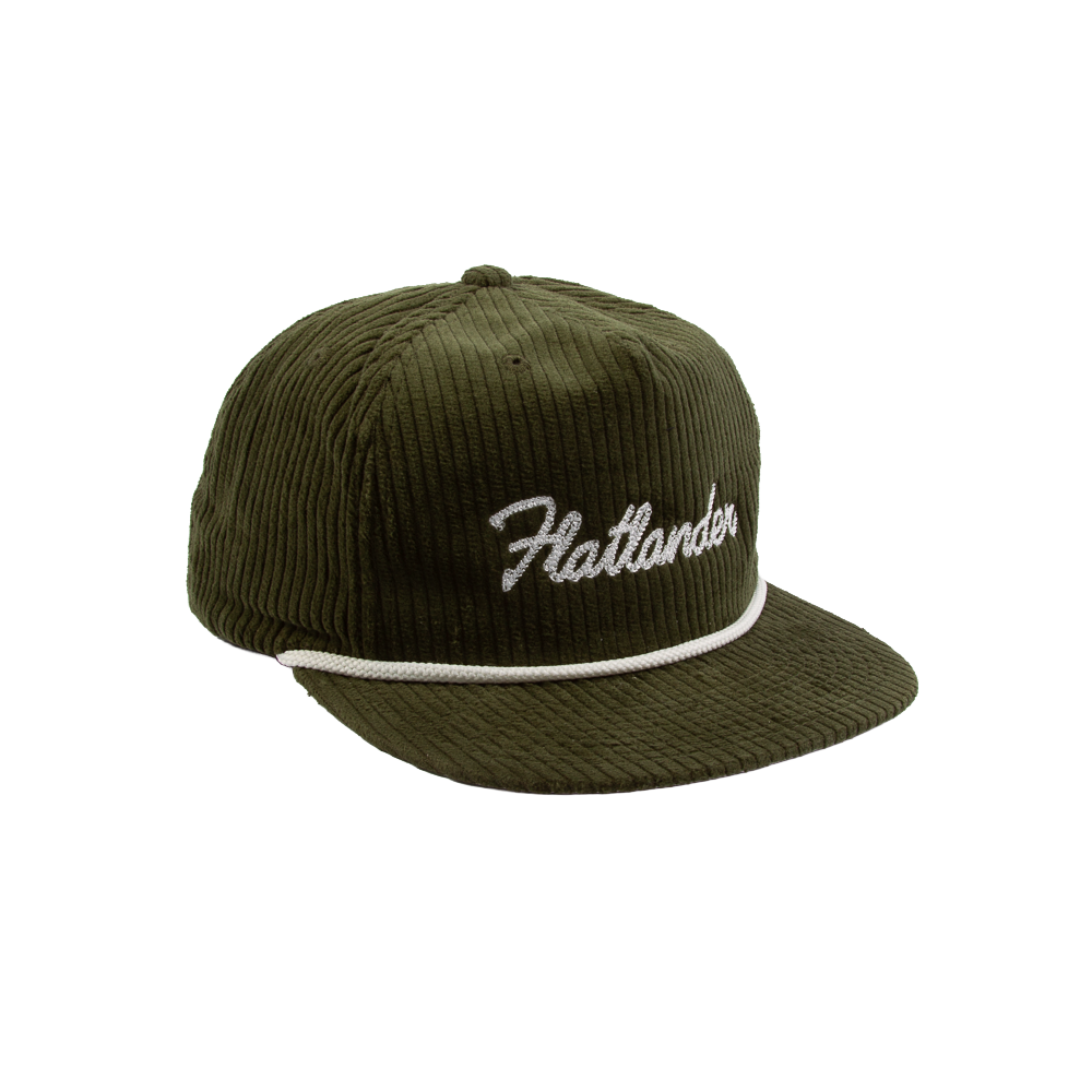 PAKO DESIGNS - FLATLANDER 5 PANEL FLAT BILL CORDUROY HAT - OLIVE/WHITE