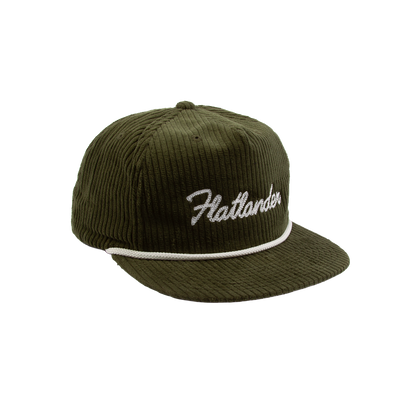 PAKO DESIGNS - FLATLANDER 5 PANEL FLAT BILL CORDUROY HAT - OLIVE/WHITE