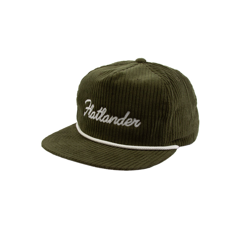 PAKO DESIGNS - FLATLANDER 5 PANEL FLAT BILL CORDUROY HAT - OLIVE/WHITE
