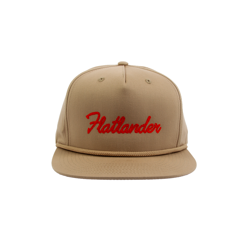 PAKO DESIGNS - FLATLANDER CHAINSTITCHED 5 PANEL FLAT BILL TWILL HAT - KHAKI/ORANGE