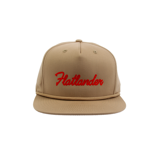 PAKO DESIGNS - FLATLANDER CHAINSTITCHED 5 PANEL FLAT BILL TWILL HAT - KHAKI/ORANGE