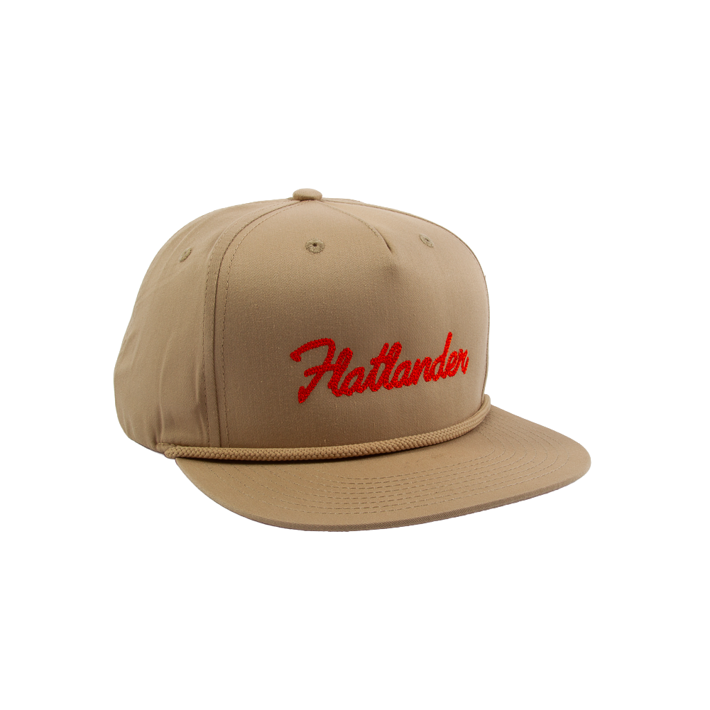 PAKO DESIGNS - FLATLANDER CHAINSTITCHED 5 PANEL FLAT BILL TWILL HAT - KHAKI/ORANGE