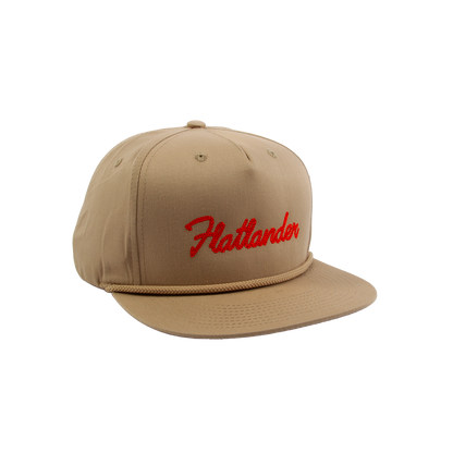 PAKO DESIGNS - FLATLANDER CHAINSTITCHED 5 PANEL FLAT BILL TWILL HAT - KHAKI/ORANGE