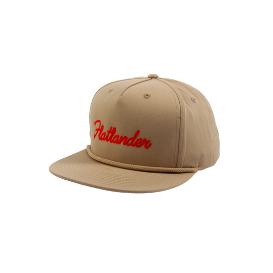 PAKO DESIGNS - FLATLANDER CHAINSTITCHED 5 PANEL FLAT BILL TWILL HAT - KHAKI/ORANGE