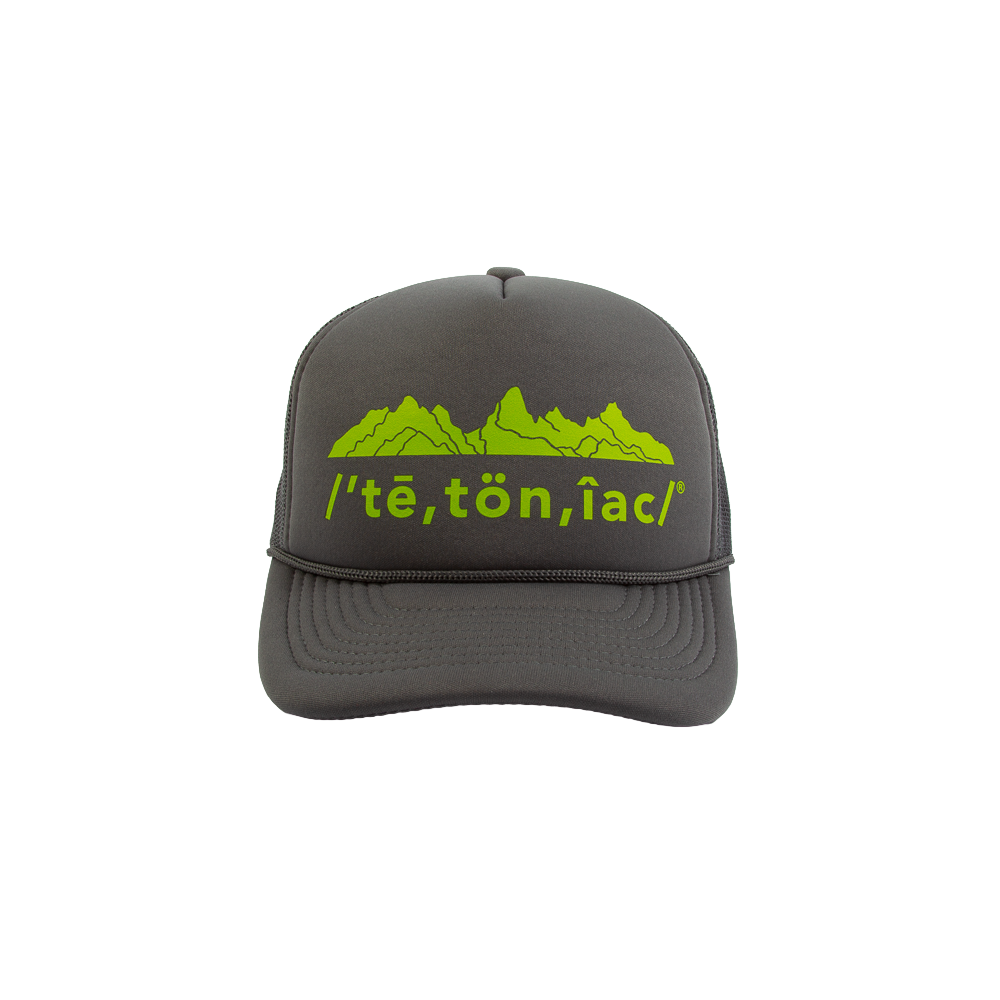 Tetoniac® Phonetic 5 Panel Curved Bill Foam Trucker Hat- Dark Grey & Electric Lime
