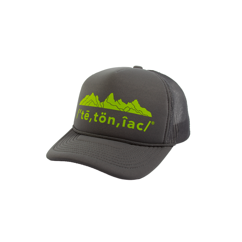 Tetoniac® Phonetic 5 Panel Curved Bill Foam Trucker Hat- Dark Grey & Electric Lime