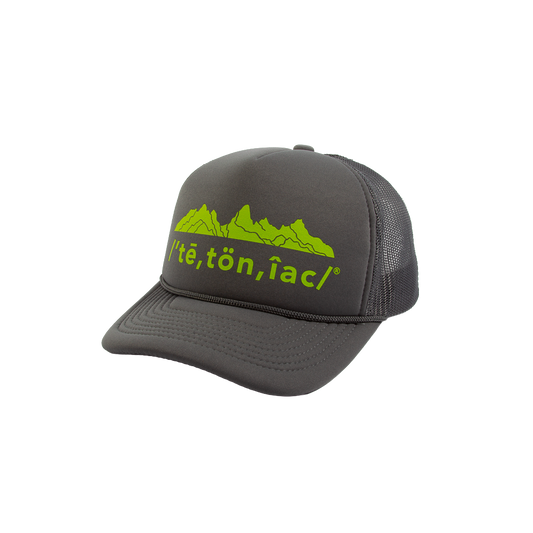 Tetoniac® Phonetic 5 Panel Curved Bill Foam Trucker Hat- Dark Grey & Electric Lime