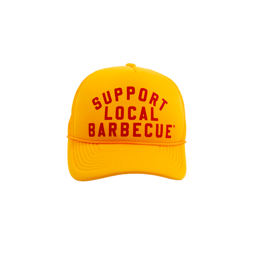 PAKO DESIGNS - SUPPORT LOCAL BARBECUE™ - TRUCKER HAT IN FOOTBALL GOLD & RED