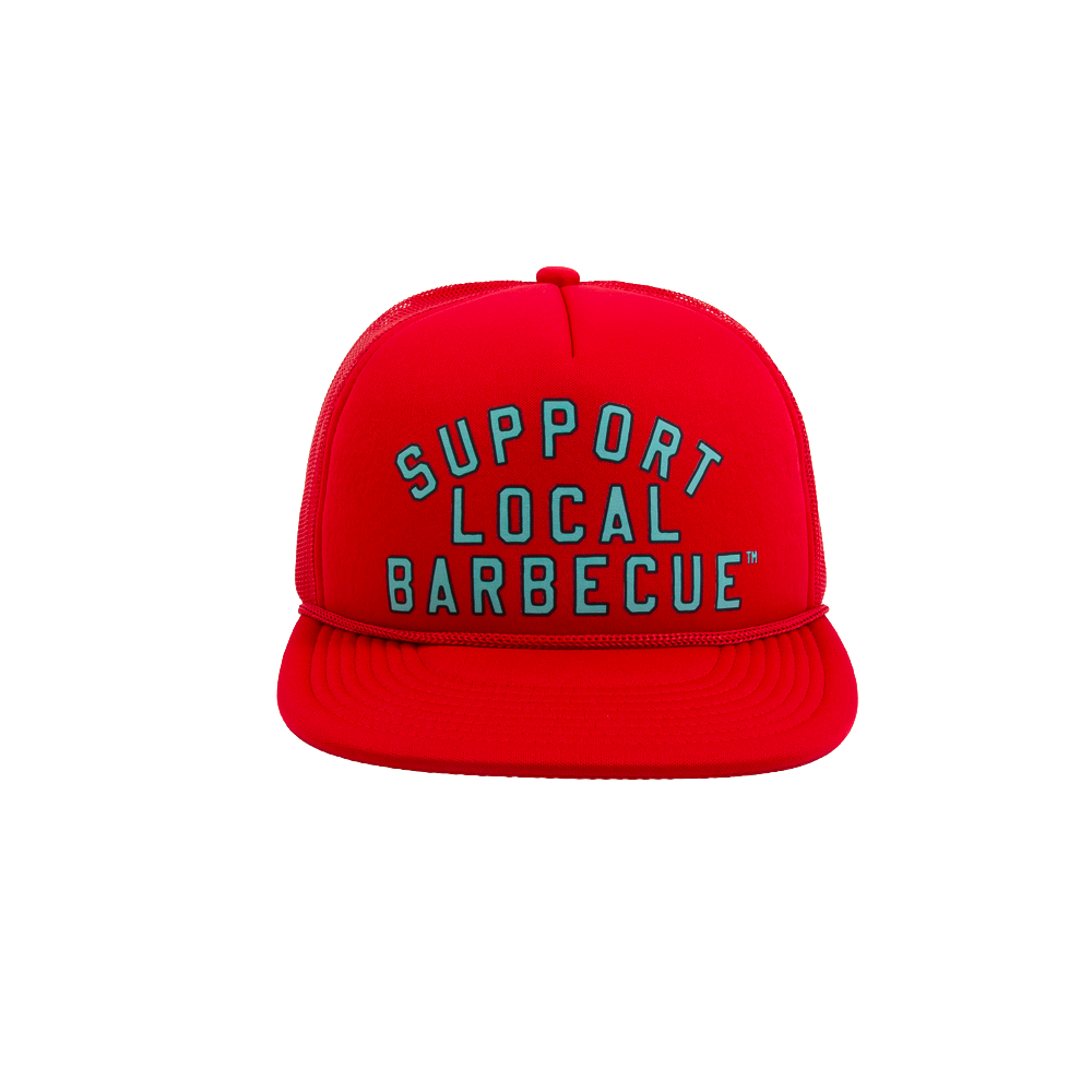 Support Local Barbecue™ Trucker Hat – Soccer Red & Teal