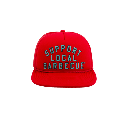 Support Local Barbecue™ Trucker Hat – Soccer Red & Teal