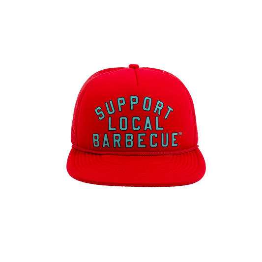 PAKO DESIGNS - SUPPORT LOCAL BARBECUE™ - TRUCKER HAT IN SOCCER RED & TEAL