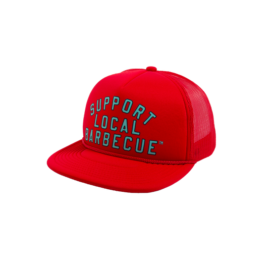 Support Local Barbecue™ Trucker Hat – Soccer Red & Teal