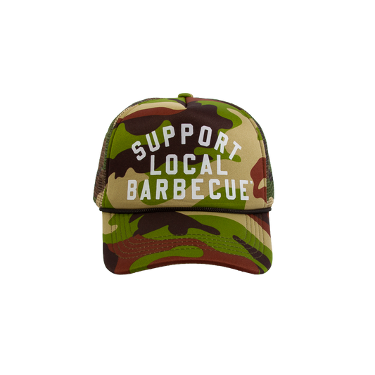 PAKO DESIGNS - SUPPORT LOCAL BARBECUE™ - CAMO TRUCKER HAT WITH WHITE