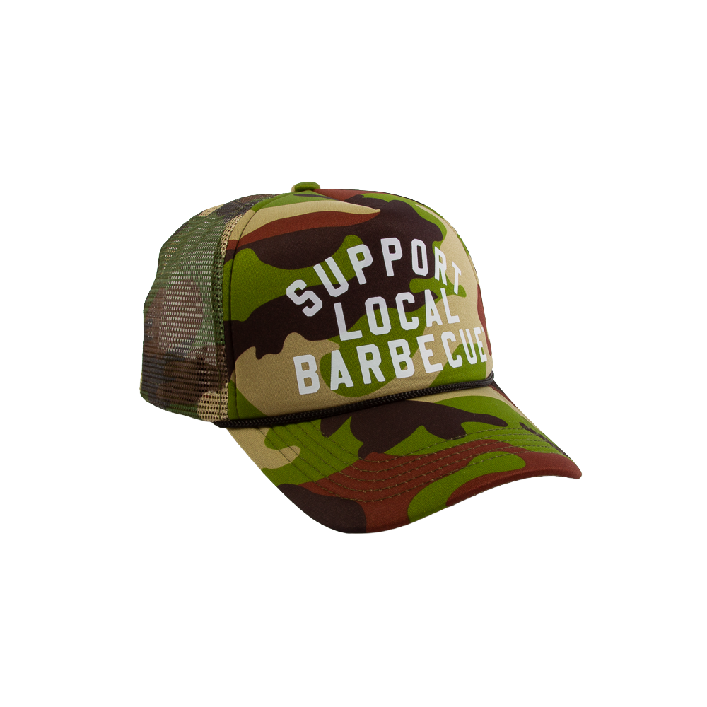 Support Local Barbecue™ Trucker Hat - Woodland Camo & White