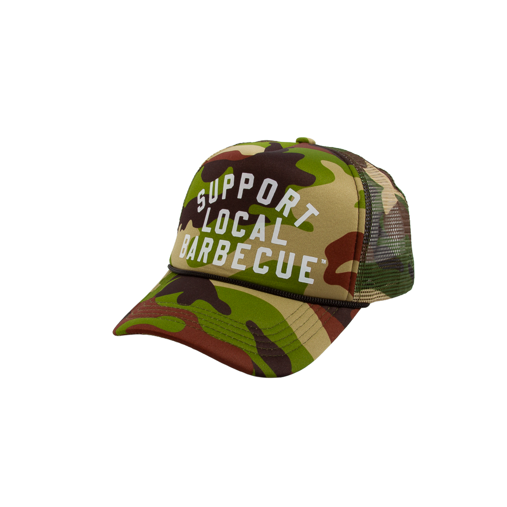 Support Local Barbecue™ Trucker Hat - Woodland Camo & White
