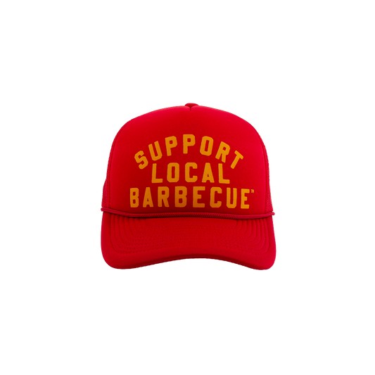 PAKO DESIGNS - SUPPORT LOCAL BARBECUE™ - TRUCKER HAT IN FOOTBALL RED AND GOLD